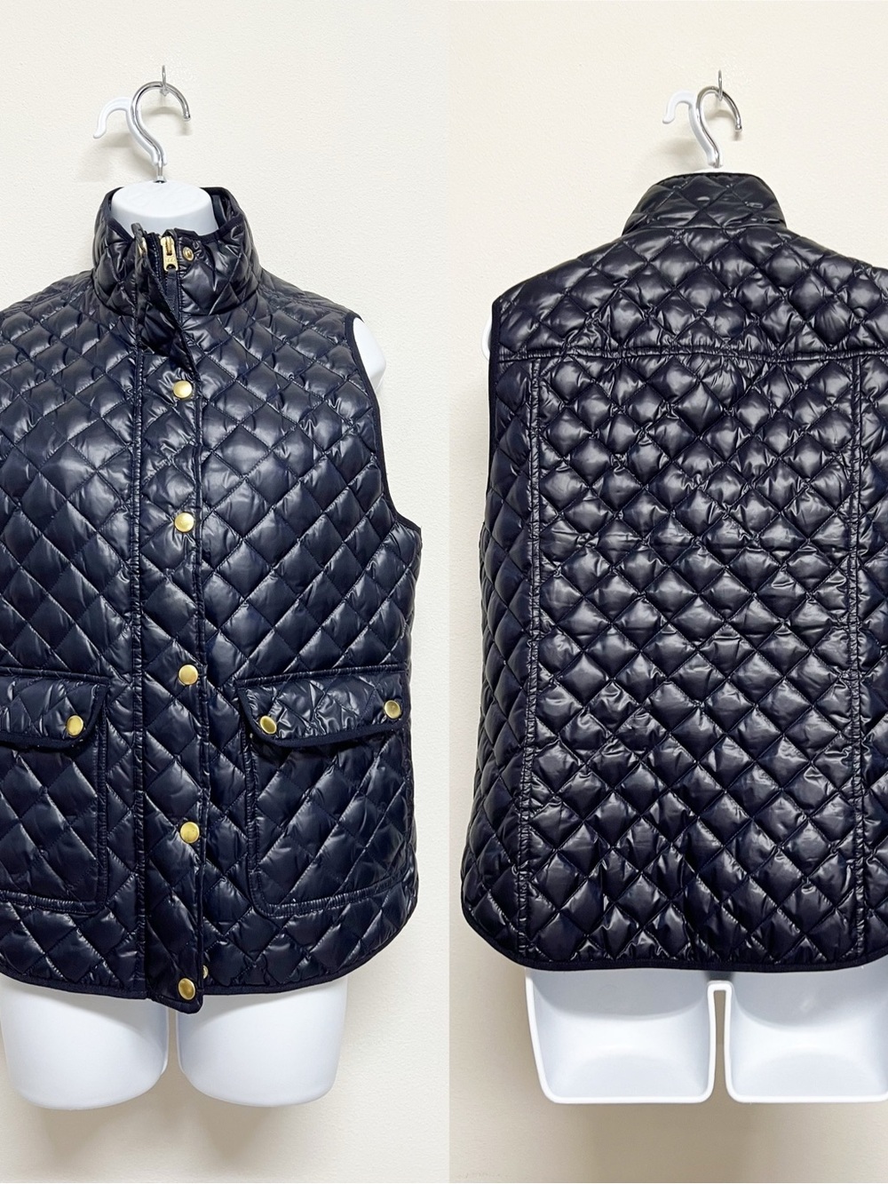 J Crew Womens Classic Navy Diamond Quilted Gold Button Up Puffer Vest Size S